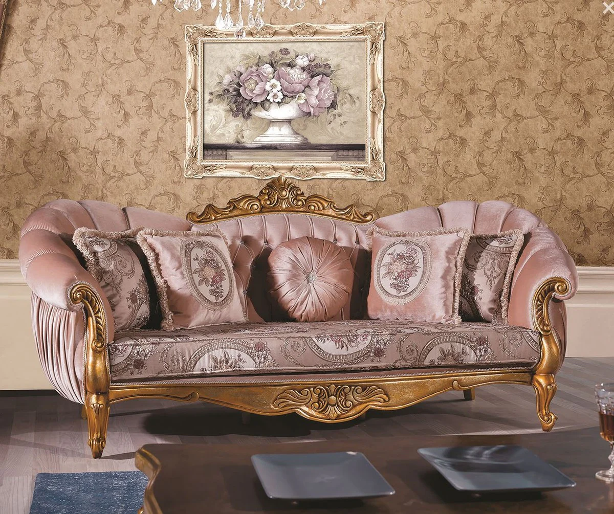 Luxury baroque sofa pink / gold 220 x 90 x H. 110 cm - magnificent living room sofa with glittering stones and decorative pillows