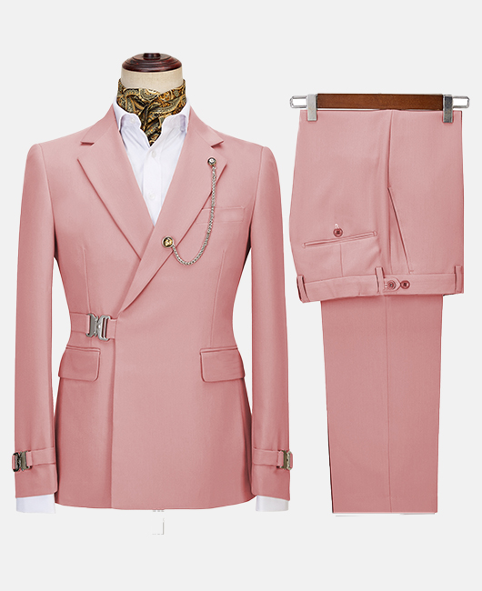 Elegant Solid Color Notch Lapel Slim Fit Buckle Blazer & Pants 2Pcs Set
