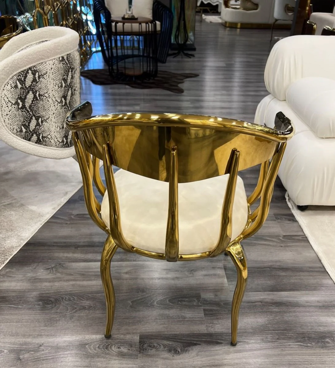 Luxury designer dining room chair with armrests cream / gold 57 x 57 x H. 82 cm - Dining room furniture - Luxury furniture - Hotel & restaurant furniture - Designer furniture