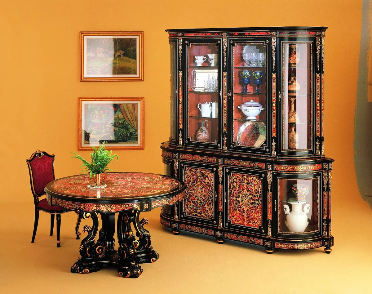 Luxury Baroque Boulle dining room cabinet black / red / gold 228 x 49 x H. 237 cm - Handcrafted solid wood cabinet - Baroque dining room kitchen furniture - Noble & magnificent