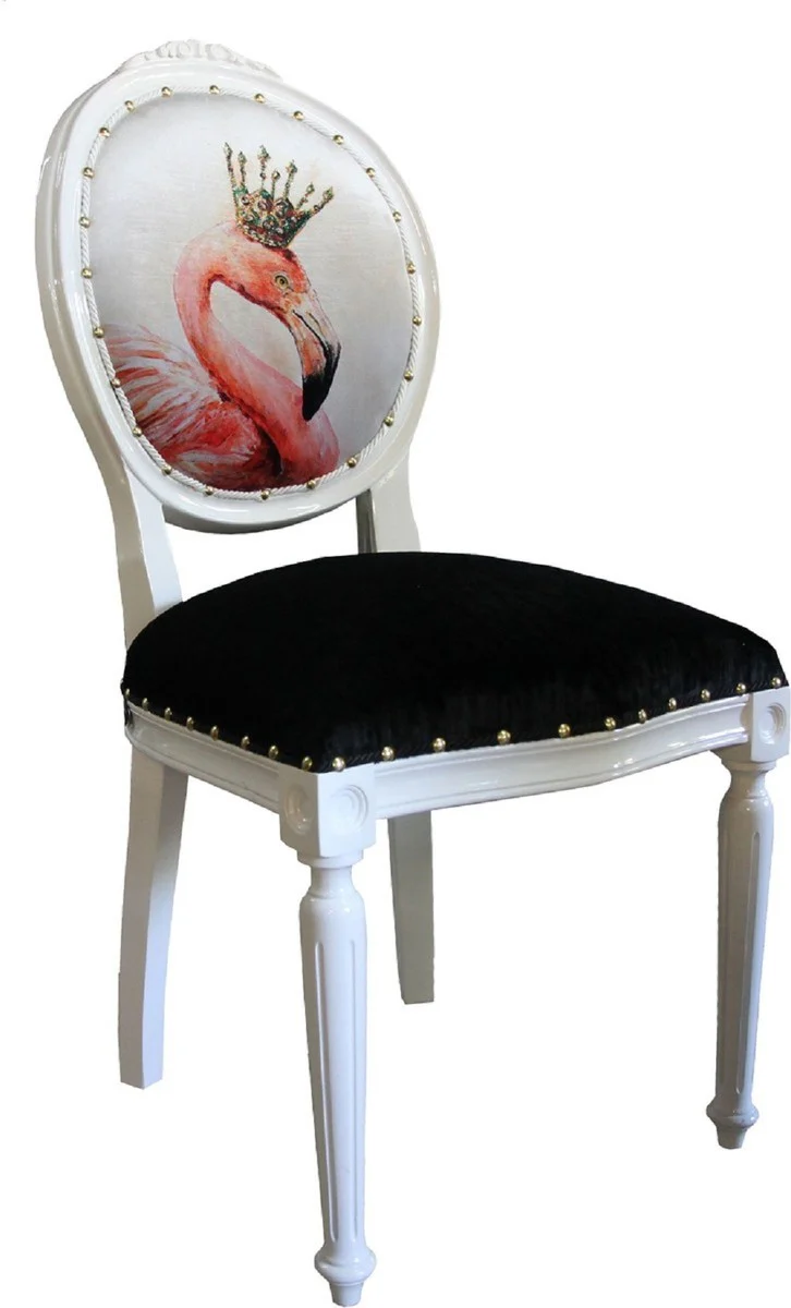 Luxury baroque dining room set flamingo with crown white / black / multicolored 48 x 50 x H. 98 cm - 4 handmade dining chairs with bling bling glitter stones - baroque dining room furniture