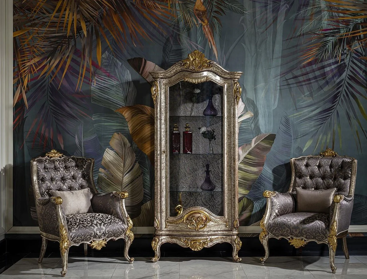 Luxury baroque display cabinet antique silver / brown / gold - handmade solid wood display cabinet - magnificent baroque furniture