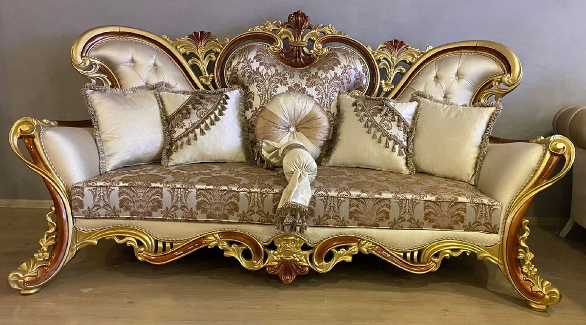 Luxury Baroque Living Room Set Cream / Silver / Gold / Brown - 2 Baroque Sofas & 2 Baroque Armchairs & 1 Baroque Coffee Table - Luxury Living Room Furniture in Baroque Style - Baroque Furniture