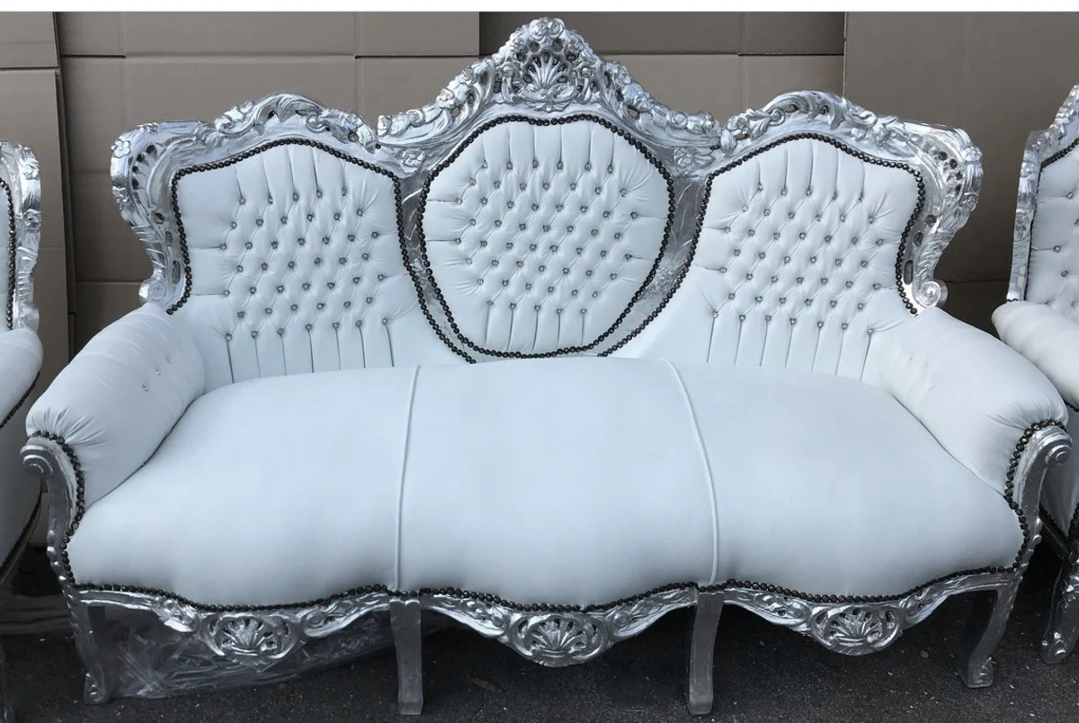 Baroque sofa set white leather look / silver + 2 armchairs with rhinestones - Baroque living room
