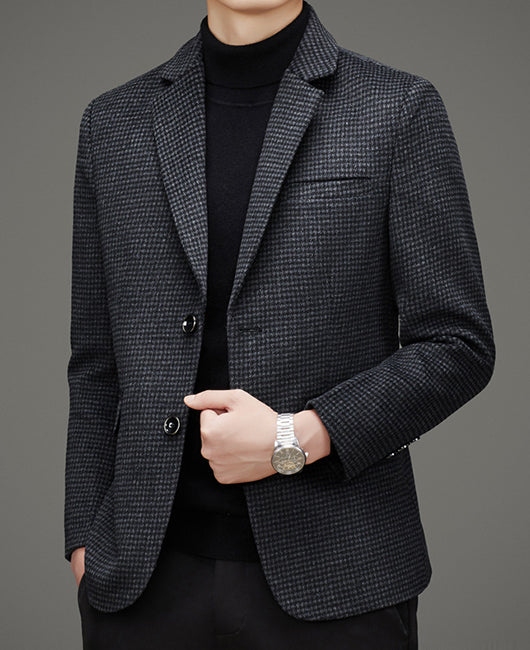 Business Plain Gingham Jacquard Lapel Collar Two Button Wool Blazer
