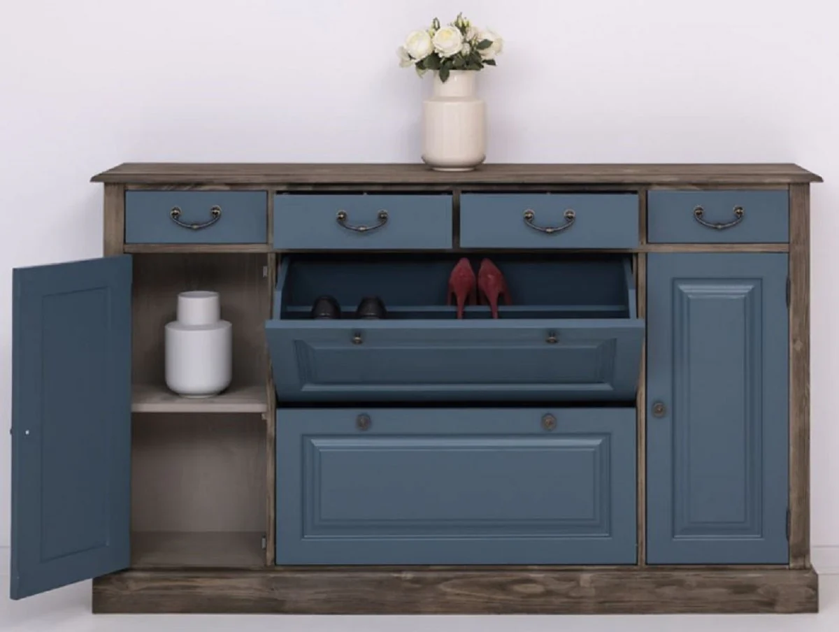 Country house style chest of drawers blue / black 176 x 35 x H. 105 cm - Solid wood cabinet with 6 drawers and 2 doors - Country house style furniture - Country house style furniture - Country house style furnishings