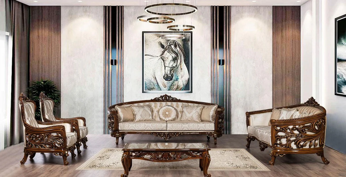 Luxury Baroque Living Room Set Beige / Brown / Gold - 2 Baroque Sofas with Pattern & 2 Baroque Armchairs with Pattern & 1 Baroque Coffee Table - Baroque Living Room Furniture - Noble & Magnificent