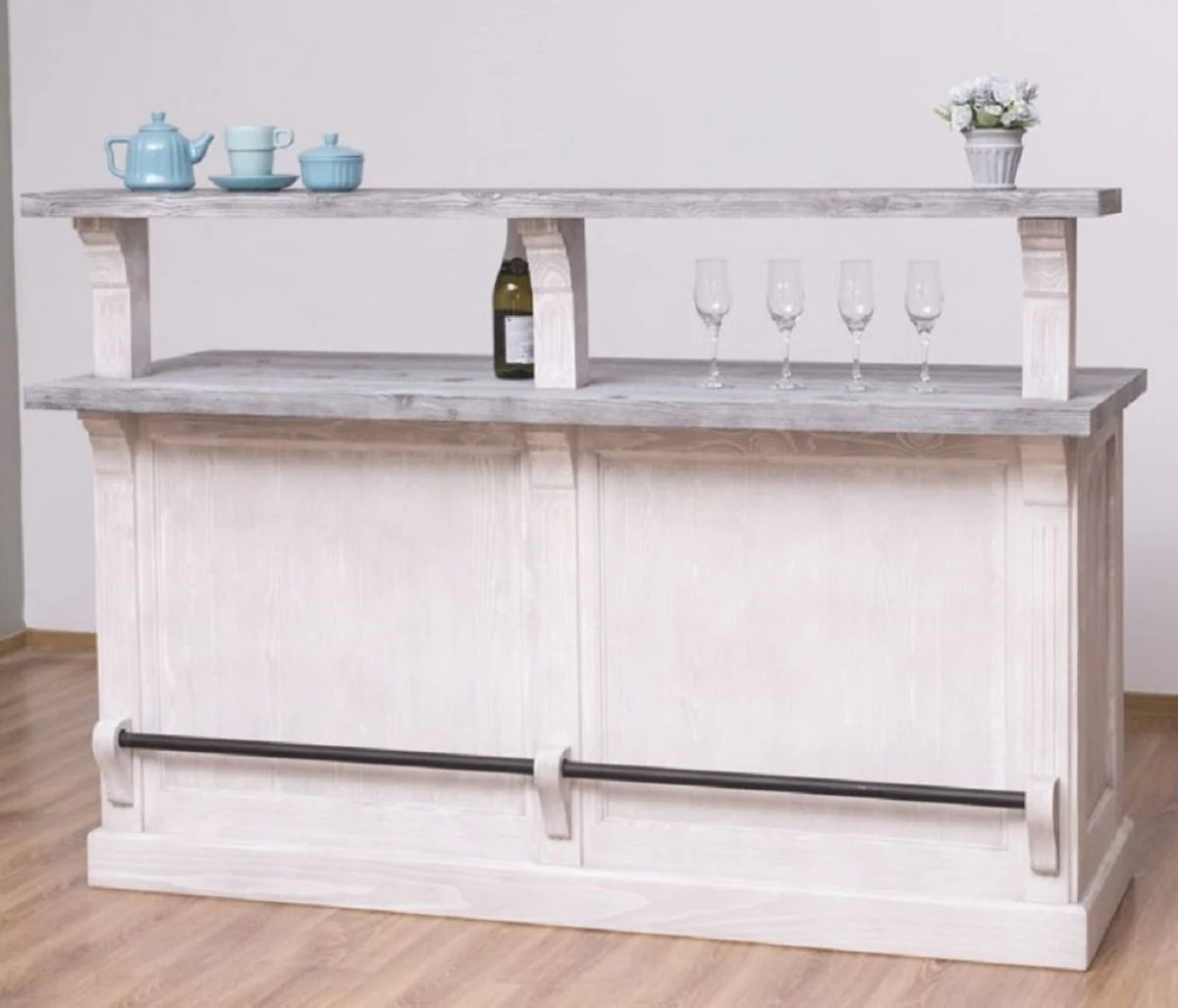 Country house style bar counter light gray / gray 180 x 68 x H. 120 cm - solid wood counter table - solid wood bar furniture - bar furniture in country house style - country house style furnishings