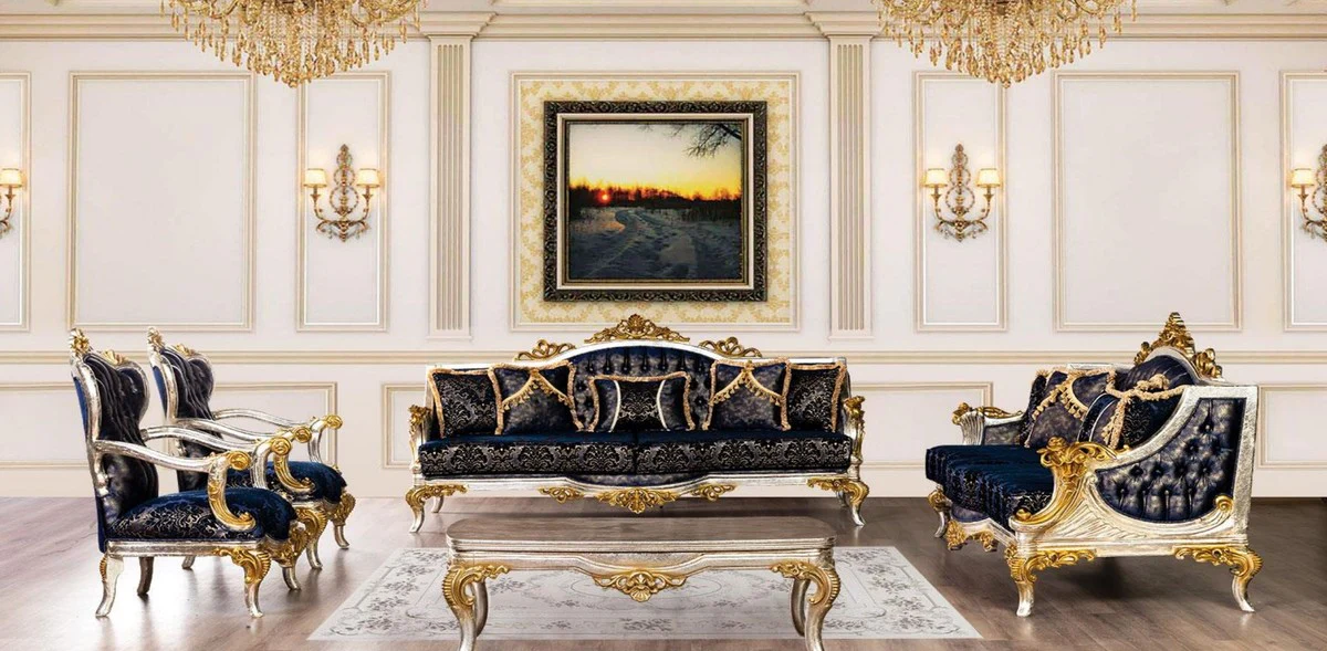 Luxury Baroque Living Room Set Royal Blue / Black / Silver / Gold - 2 Baroque Sofas with Pattern & 2 Baroque Armchairs with Pattern & 1 Baroque Coffee Table - Baroque Living Room Furniture