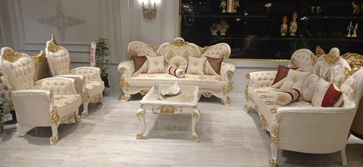 Luxury Baroque Living Room Set Beige / White / Gold - 2 Baroque Sofas with Pattern & 2 Baroque Armchairs with Pattern & 1 Baroque Coffee Table - Magnificent Baroque Living Room Furniture