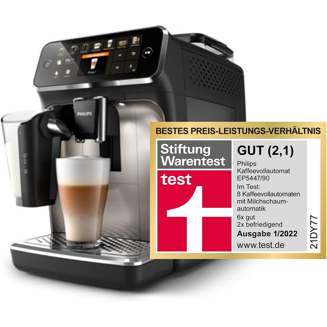 Philips Series 5400 Kaffeevollautomat – LatteGo Milchsystem, 12 Kaffeespezialitten, Intuitives Display, 4 Benutzerprofile, Chrom