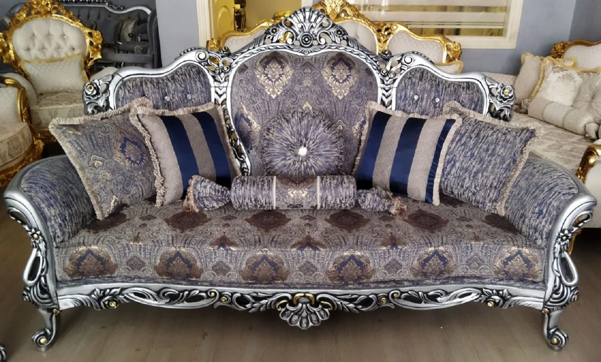 Luxury Baroque Living Room Set Multicolored / Silver / Black / Gold - 2 Baroque Sofas & 2 Baroque Armchairs & 1 Baroque Coffee Table - Luxury Living Room Furniture in Baroque Style - Baroque Furniture