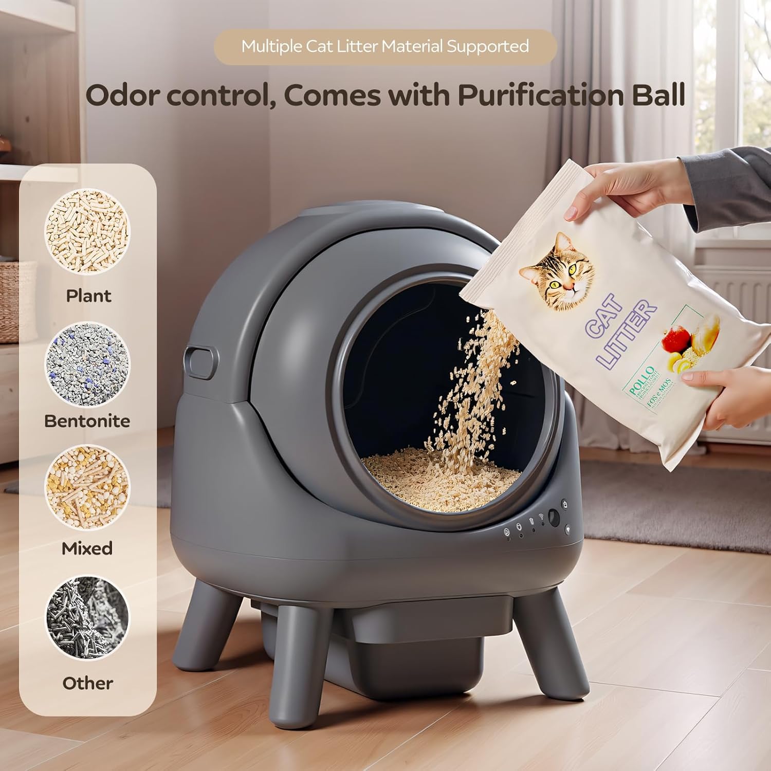 Self-Cleaning Cat Litter Box for Multiple Cats, App Controlled, Grey-Qx2