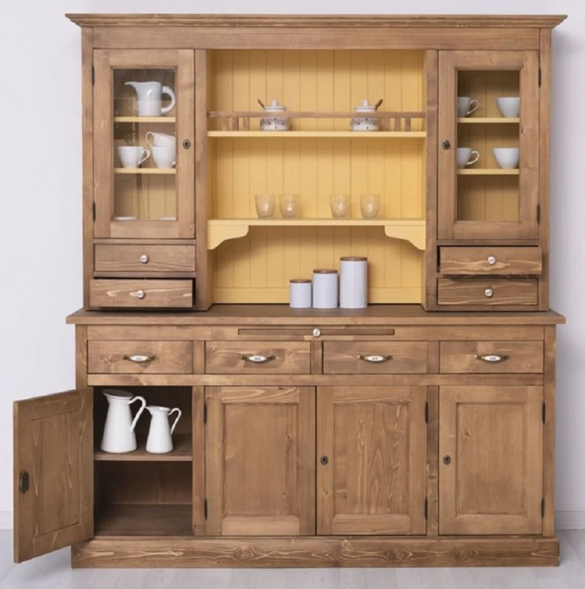 Country house style dining room cabinet brown / yellow 180 x 50 x H. 197 cm - solid wood kitchen cabinet - dining room furniture in country house style - country house style dining room furnishings