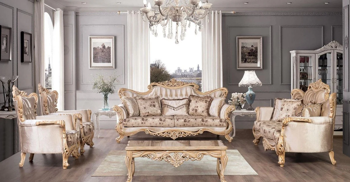 Luxury baroque living room set beige / brown / natural colors - 2 baroque sofas with floral pattern & 2 baroque armchairs with floral pattern & 1 baroque coffee table - baroque living room furniture