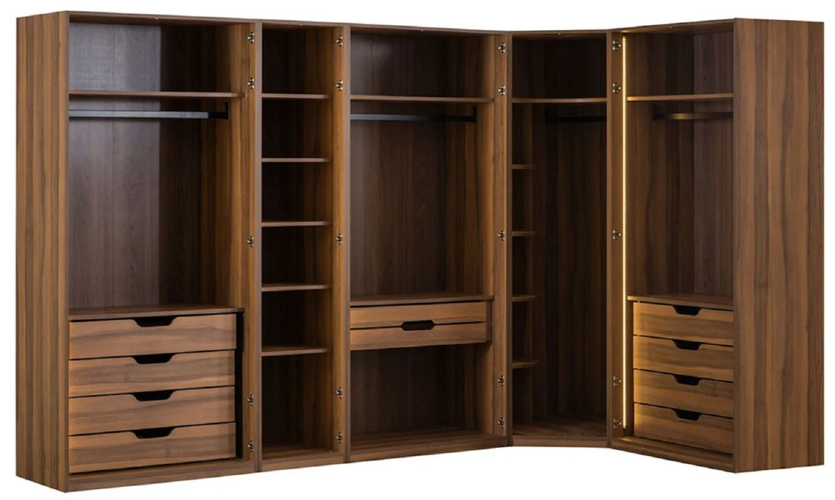 Luxury corner wardrobe brown / black 345 x 195 x H. 220 cm - solid wood bedroom wardrobe with 8 glass doors and LED lighting - bedroom furniture - hotel furniture - luxury furniture