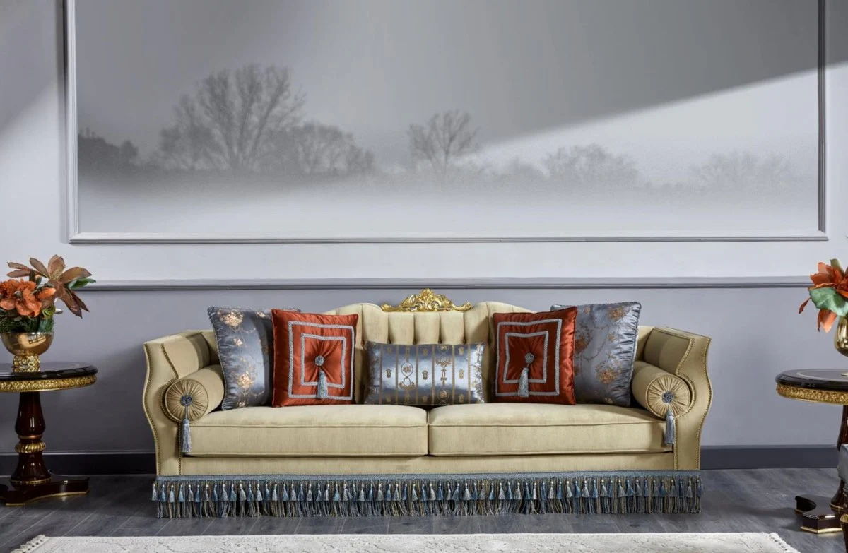 Luxury Baroque Living Room Set Beige / Blue / Dark Brown / Gold - 2 Sofas & 2 Armchairs & 1 Coffee Table & 2 Side Tables - Handmade Living Room Furniture in Baroque Style - Noble & Magnificent