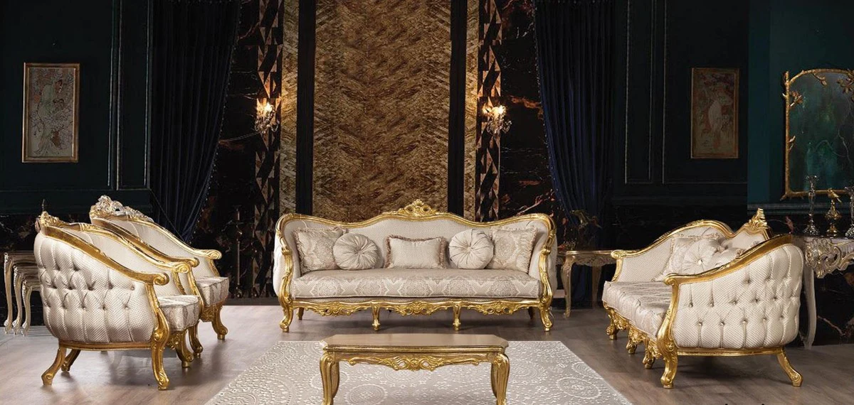 Luxury Baroque living room set beige / gold - 2 Baroque sofas with pattern & 2 Baroque armchairs with pattern & 1 Baroque coffee table - Magnificent Baroque living room furniture