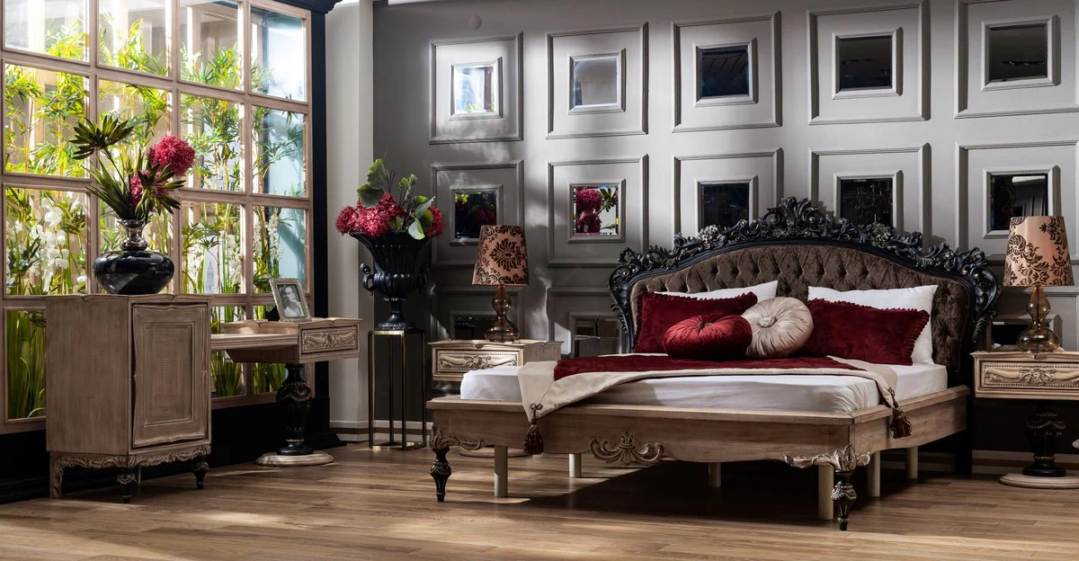 Luxury Baroque Bedroom Chest of Drawers with Door and Drawer Natural Colors / Black / Gold - Baroque Bedroom Furniture - Noble & Magnificent