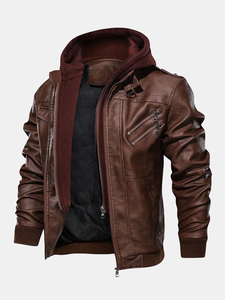 Detachable Hooded Zip Up PU Leather Jacket