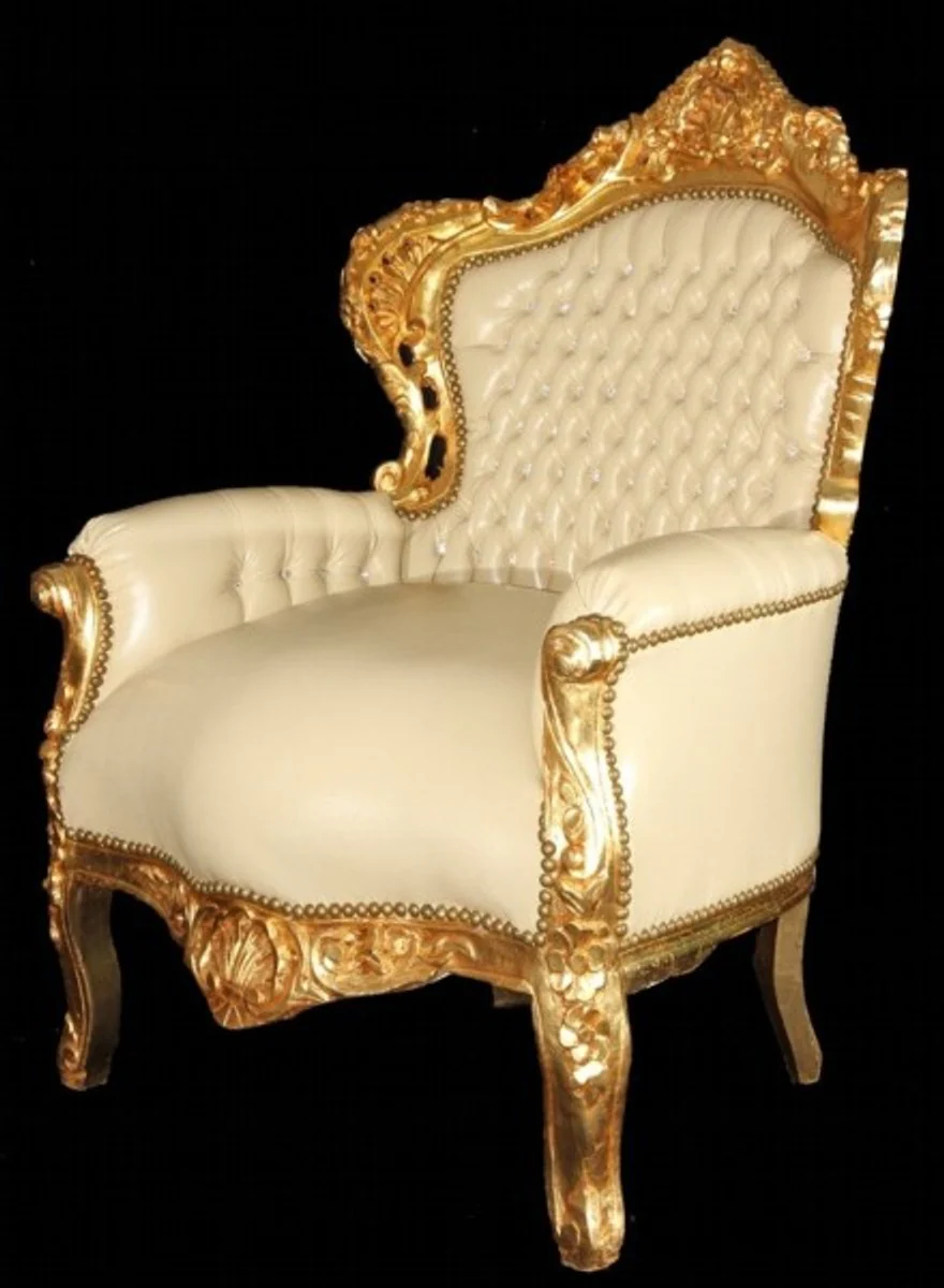 Barock Armchair King Creme/Gold Lederoptik Bling Bling