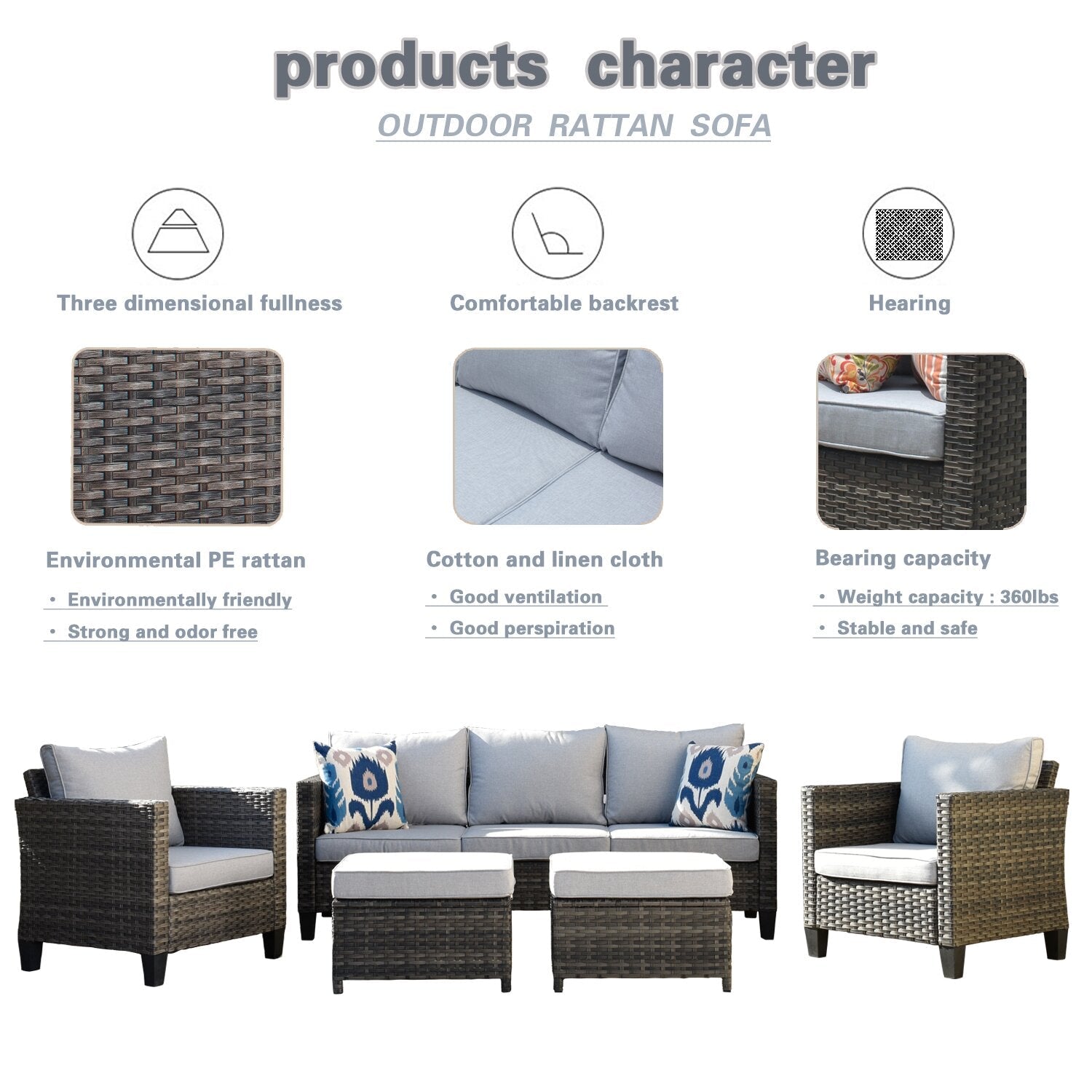 Dron Wicker/Rattan 5-person seating group with cushions