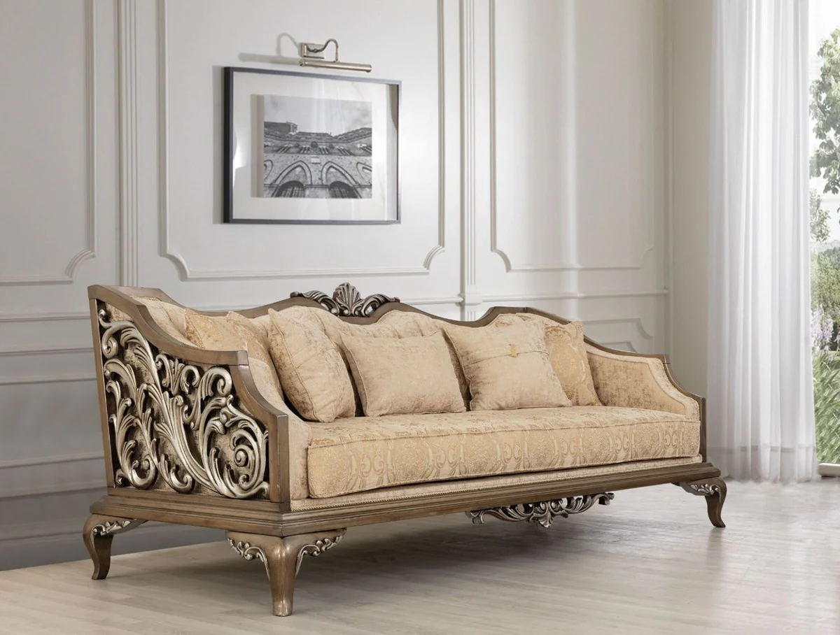 Luxury Baroque Living Room Set Beige / Gold / Brown / Silver - 2 Sofas & 2 Armchairs & 1 Coffee Table - Handmade Baroque Living Room Furniture - Noble & Magnificent