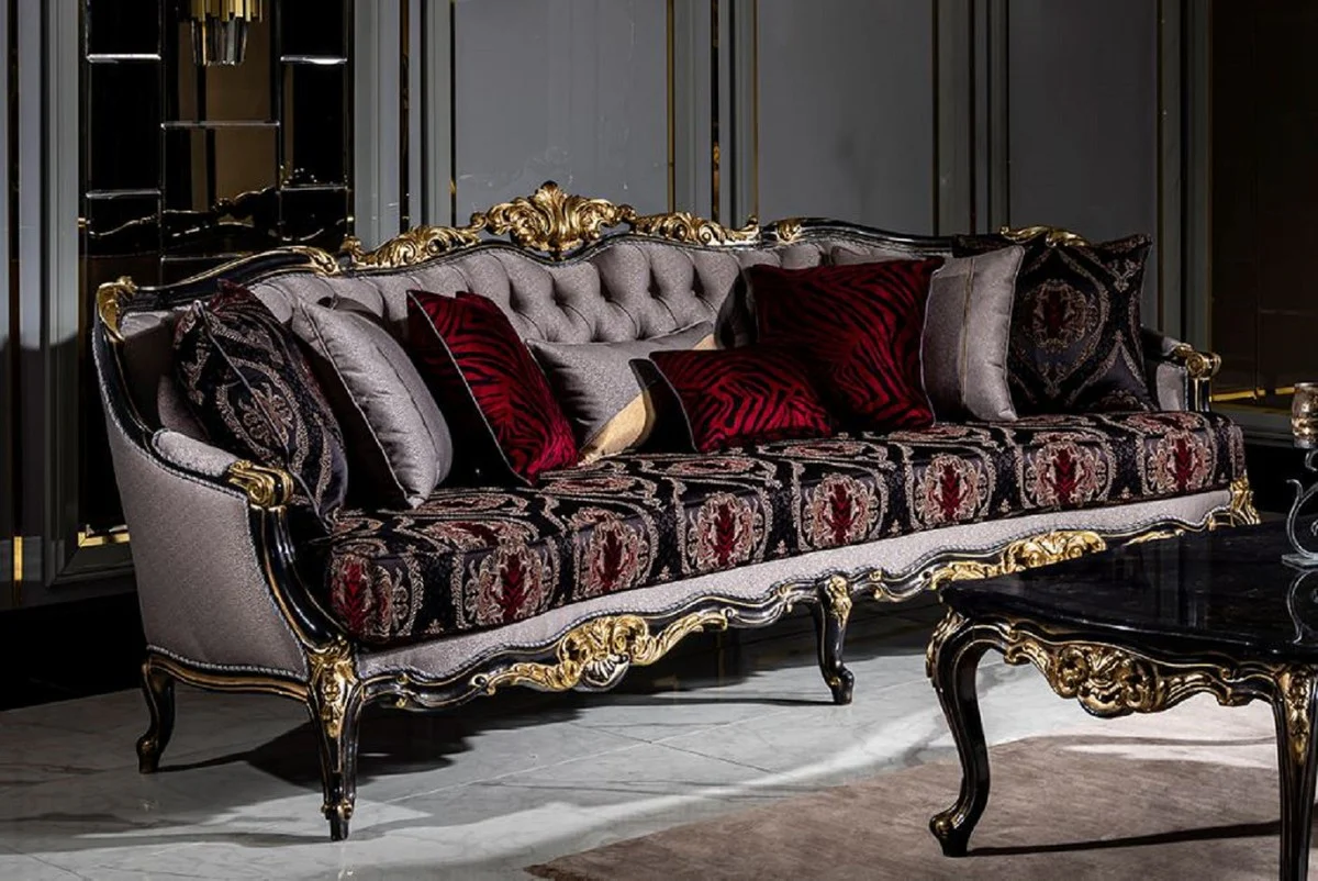 Luxury baroque living room set silver / burgundy / black / gold - 2 sofas & 2 armchairs & 1 coffee table - magnificent living room furniture in the baroque style