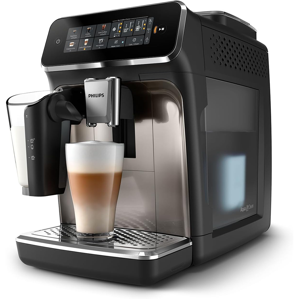 Philips 3300 Series Fully Automatic Espresso Machine - 6 Drinks, Modern Color Touch Screen Display, LatteGo Milk System, SilentBrew, 100% Ceramic Grinder, AquaClean Filter, Black Chrome (EP3347/90)