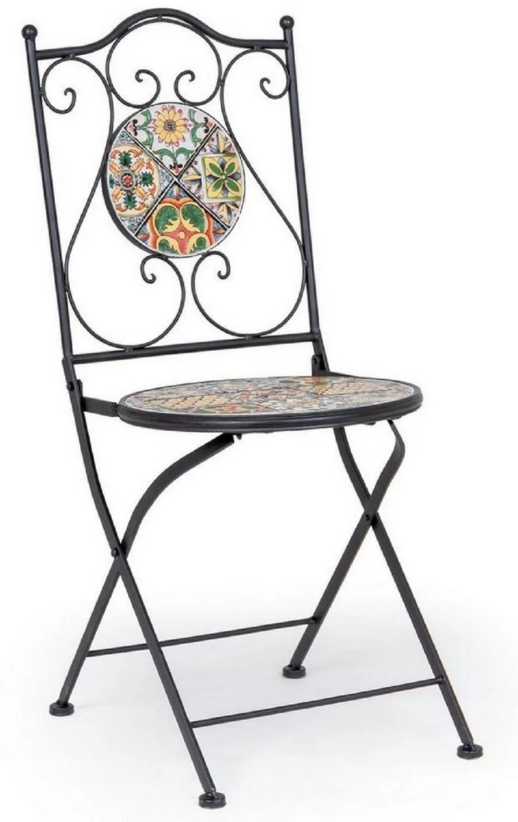Art Nouveau garden chair set of 4 black / multicolored 39 x 47 x H. 92 cm - folding chairs with ceramic plates - nostalgic garden & catering furniture