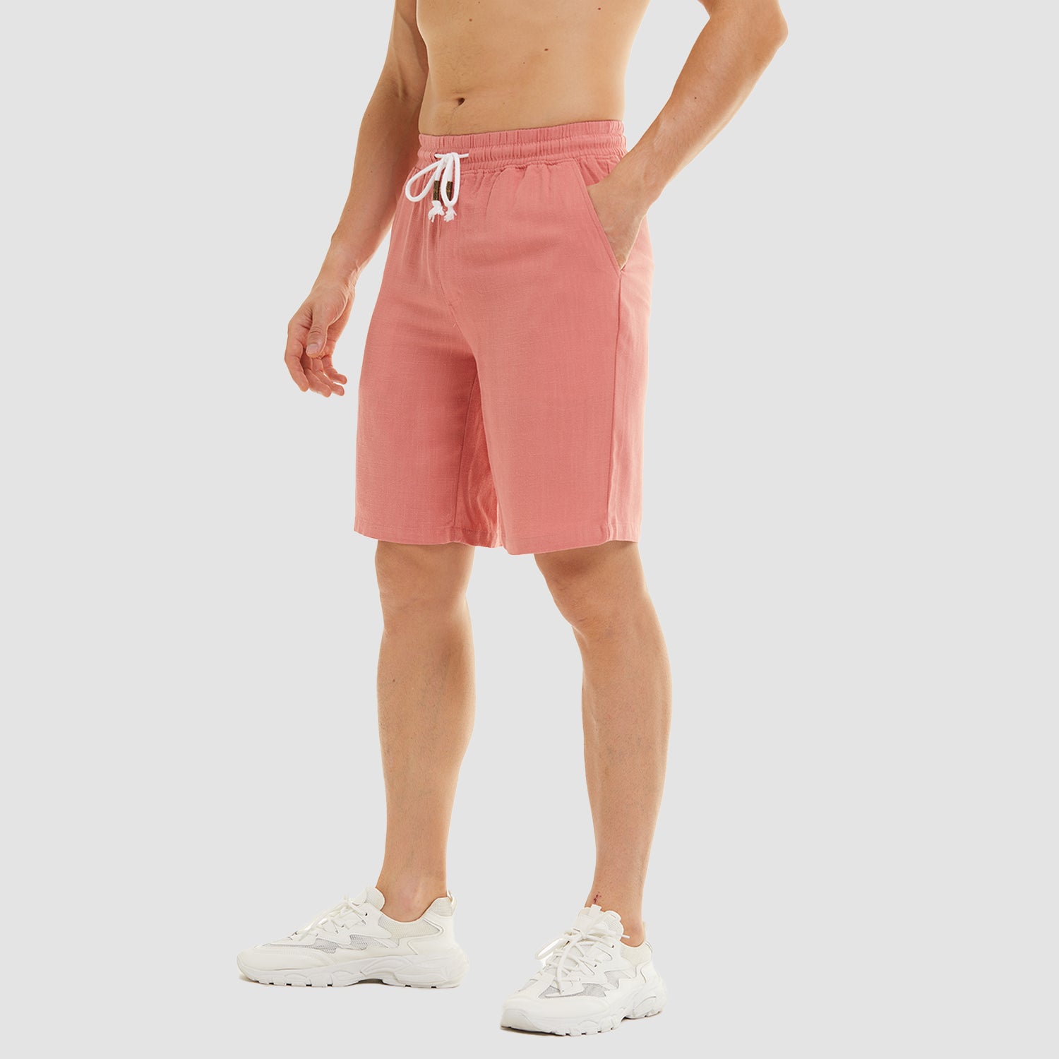 Men Linen Cotton Shorts Fashion Solid Color Drawstring Elastic Waist