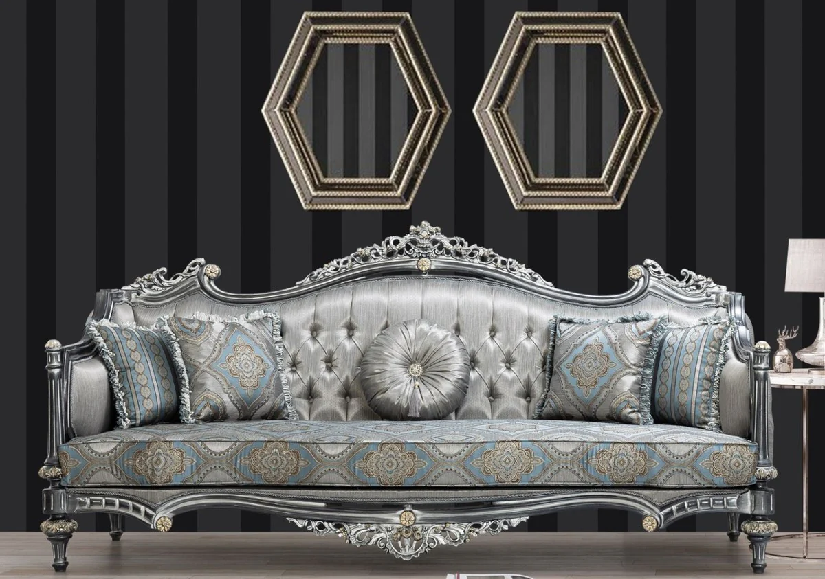 Luxury baroque living room set silver / turquoise / gold - 2 sofas & 2 armchairs & 1 coffee table - living room furniture in baroque style - noble & magnificent
