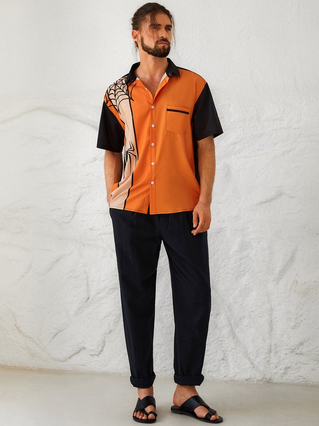 Mens Funky Halloween Spider Print Front Buttons Soft Breathable Chest Pocket Casual Aloha Shirt
