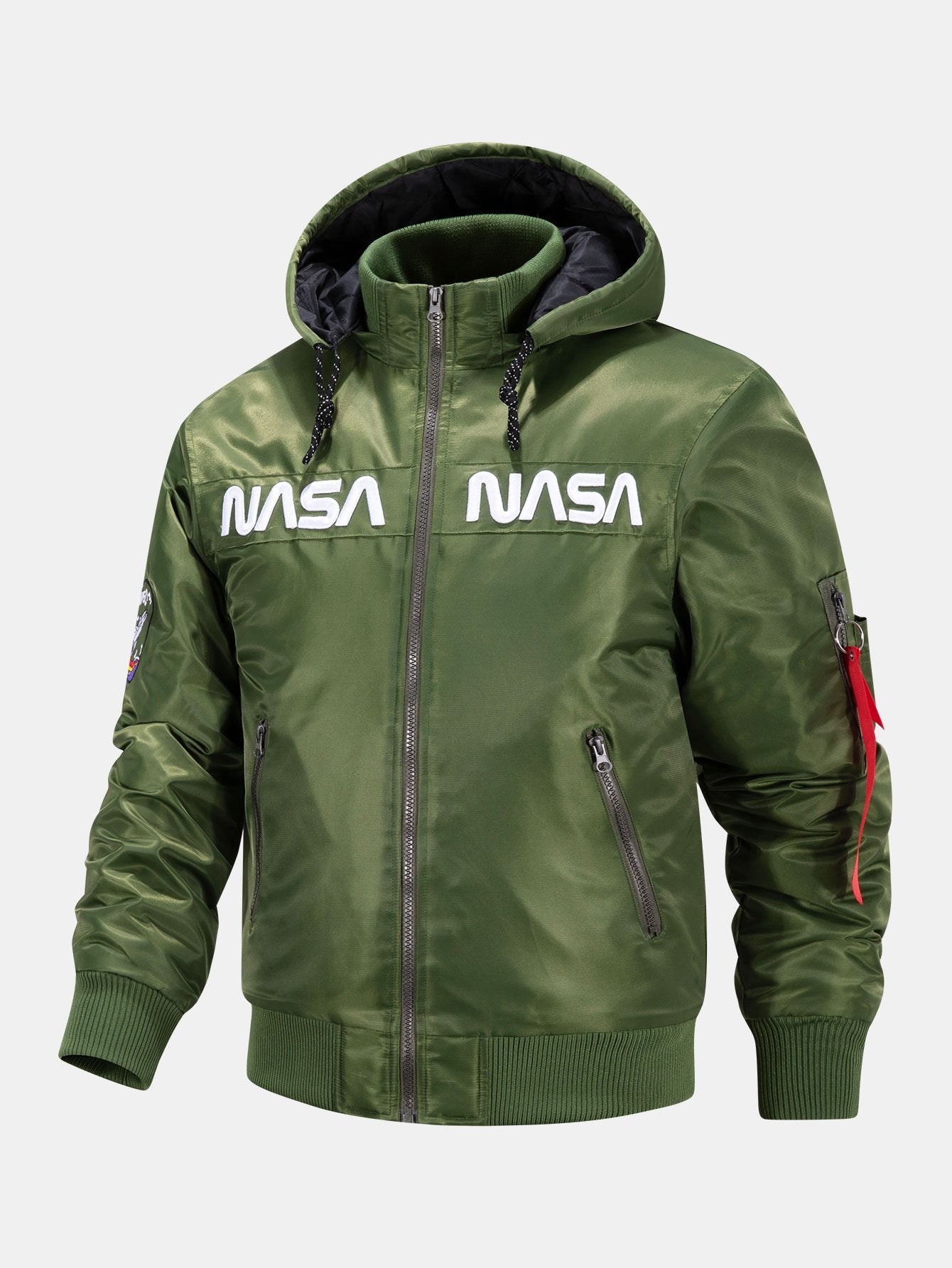 NASA Embroidery Quilted Lined Detachable Hooded Bomber Jacket