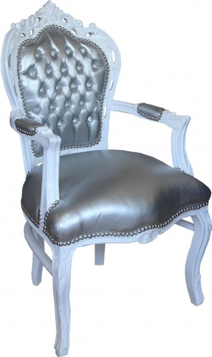 Baroque dining room chair with armrests silver/white leather look with bling bling rhinestones