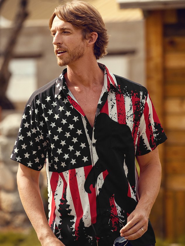 Flag Bigfoot Chest Pocket Short Sleeves Casual Shirt
