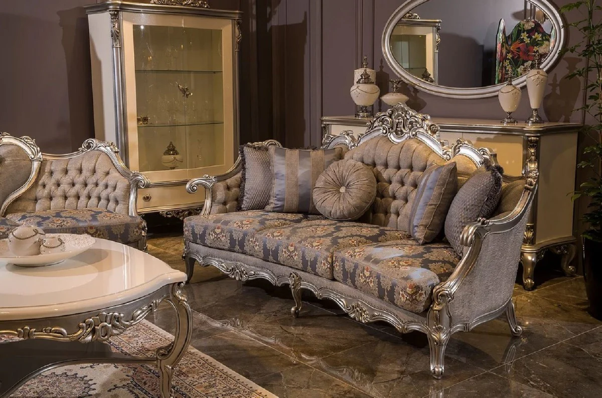 Luxury baroque living room set gray / blue / silver - 2 baroque sofas & 2 baroque armchairs & 1 baroque coffee table - living room furniture in baroque style - baroque furniture - baroque furnishings
