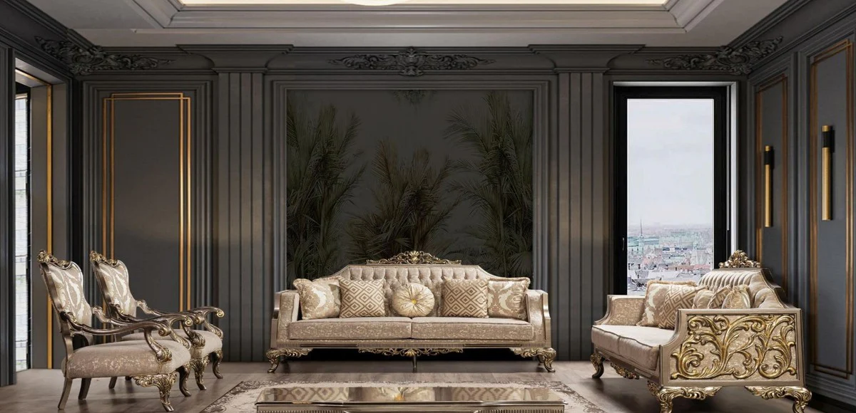 Luxury Baroque Living Room Set Gray / Beige / Silver / Gold - 2 Baroque Sofas with Pattern & 2 Baroque Armchairs with Pattern & 1 Baroque Coffee Table - Baroque Living Room Furniture
